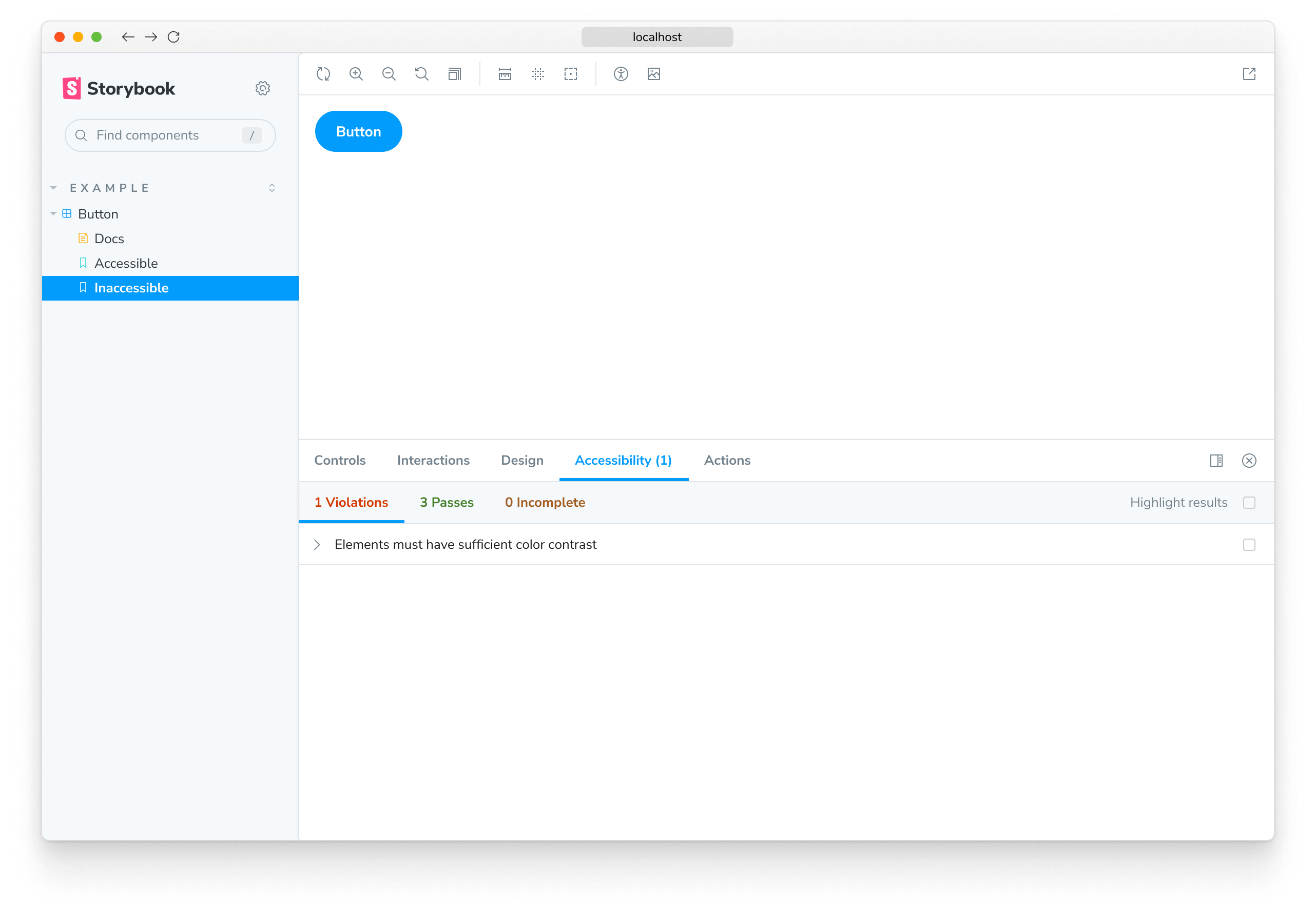 Storybook accessibility addon running